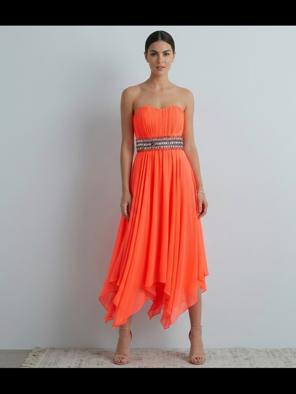 Strapless Orange Cocktail Dress with Embellished Waist